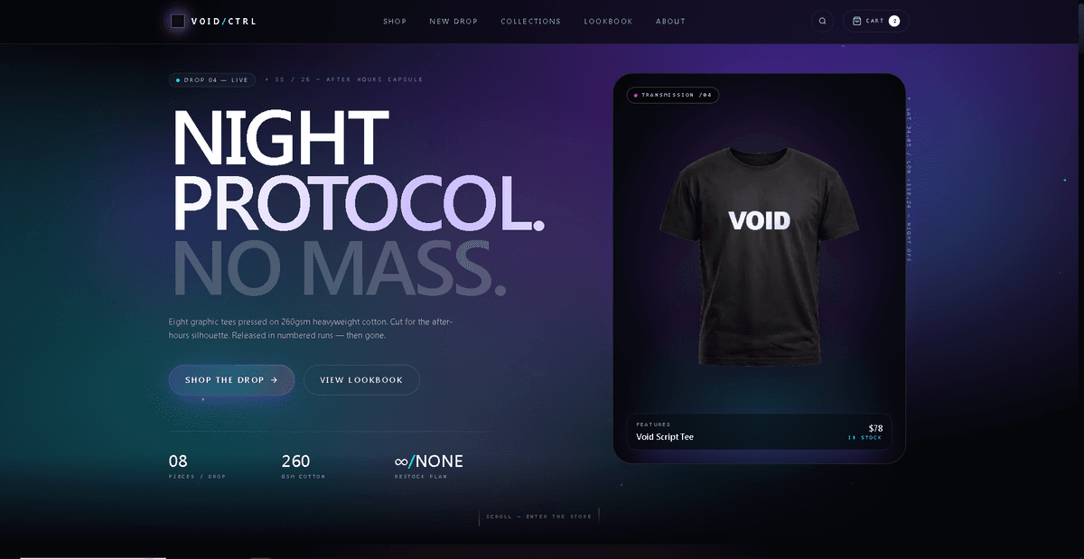 Brand merch lab example — high-contrast hero reading 'Ink That Actually Holds' over studio photography